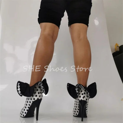 Fashion Polka Dot Ruffles Decor Women Boots Pointed Toe Stiletto High Heels Leather Shoes Ladies Catwalk Party Dress Boots