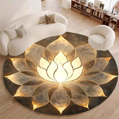 Round Floor Mat with Lotus-shaped Pattern in Golden and Other Tones Suitable As Meditation Cushion for Yoga Zazen,Indoor Read Ru