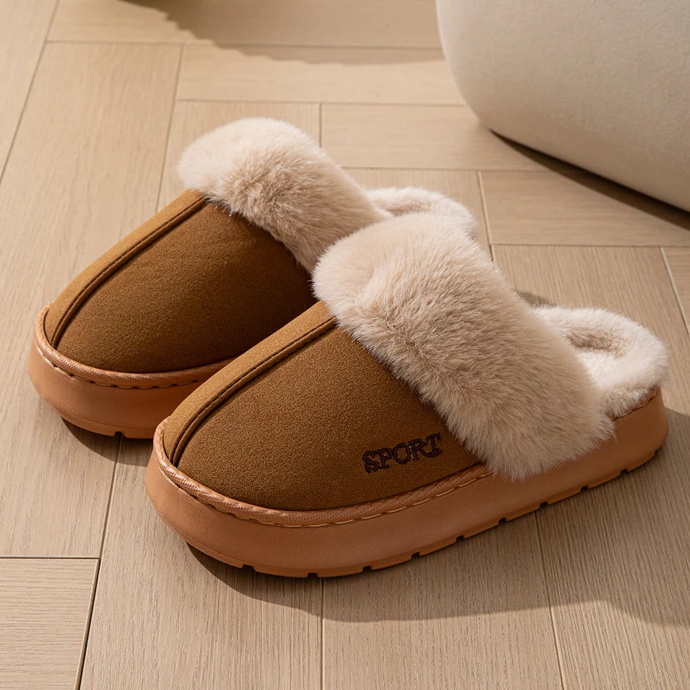 Women Winter Slippers Faux Fur Collar Warm Comfort Non-slip Thick Sole Couple Indoor and Outdoor Snow Boots Home Casual Shoes