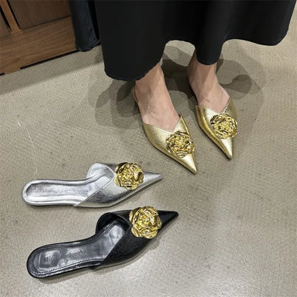 Flower Women Flats Slippers Pointed Toe Elegant Mules Shoes Fad Slingback Sandals 2025 Summer New Luxury Flip Flops Mujer Slides