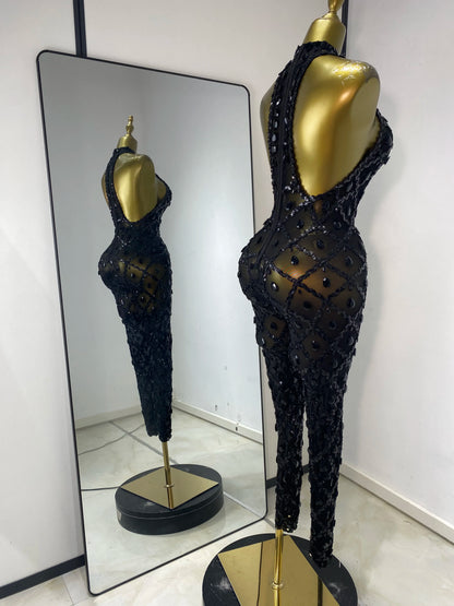 Women Rhinestones Sequines Mesh Bodycon Jumpsuits Sexy Special Occassion Nightclub DJ Dancer Stage Costumes Evening Club Dress
