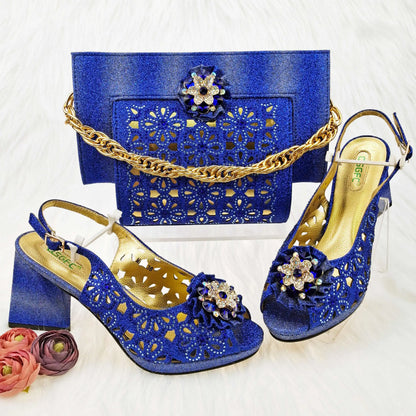 Mature Style Women Shoes and Bags Set 2023 Spring New Design Rose Gold Color Italian Sandals with Shinning Crystal for Party