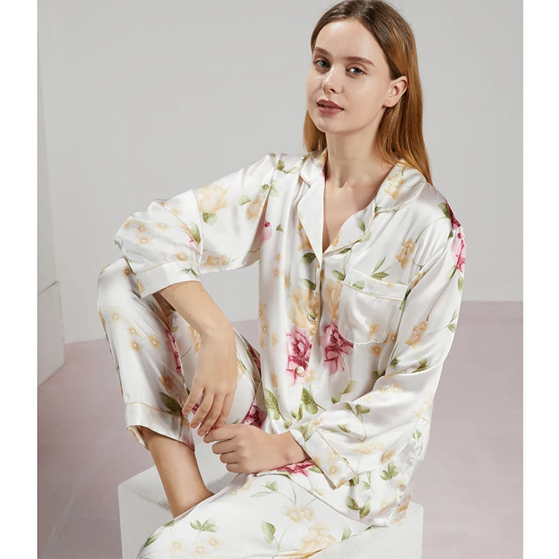 19MM 100% Mulberry Silk Pajamas Women Silk Sleepwear Lady Long-sleeved TrousersTwo-piece Spring Summer  Loose Sexy Home Clothes