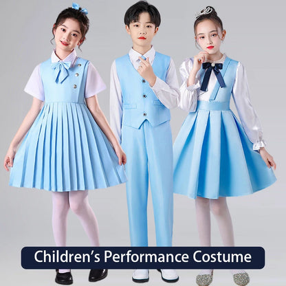 Girls Preppy Style Pleated Jumper Dress Headdress + Bow Tie Pants Suit Children Choir Poetry Performance Fashion School Uniform