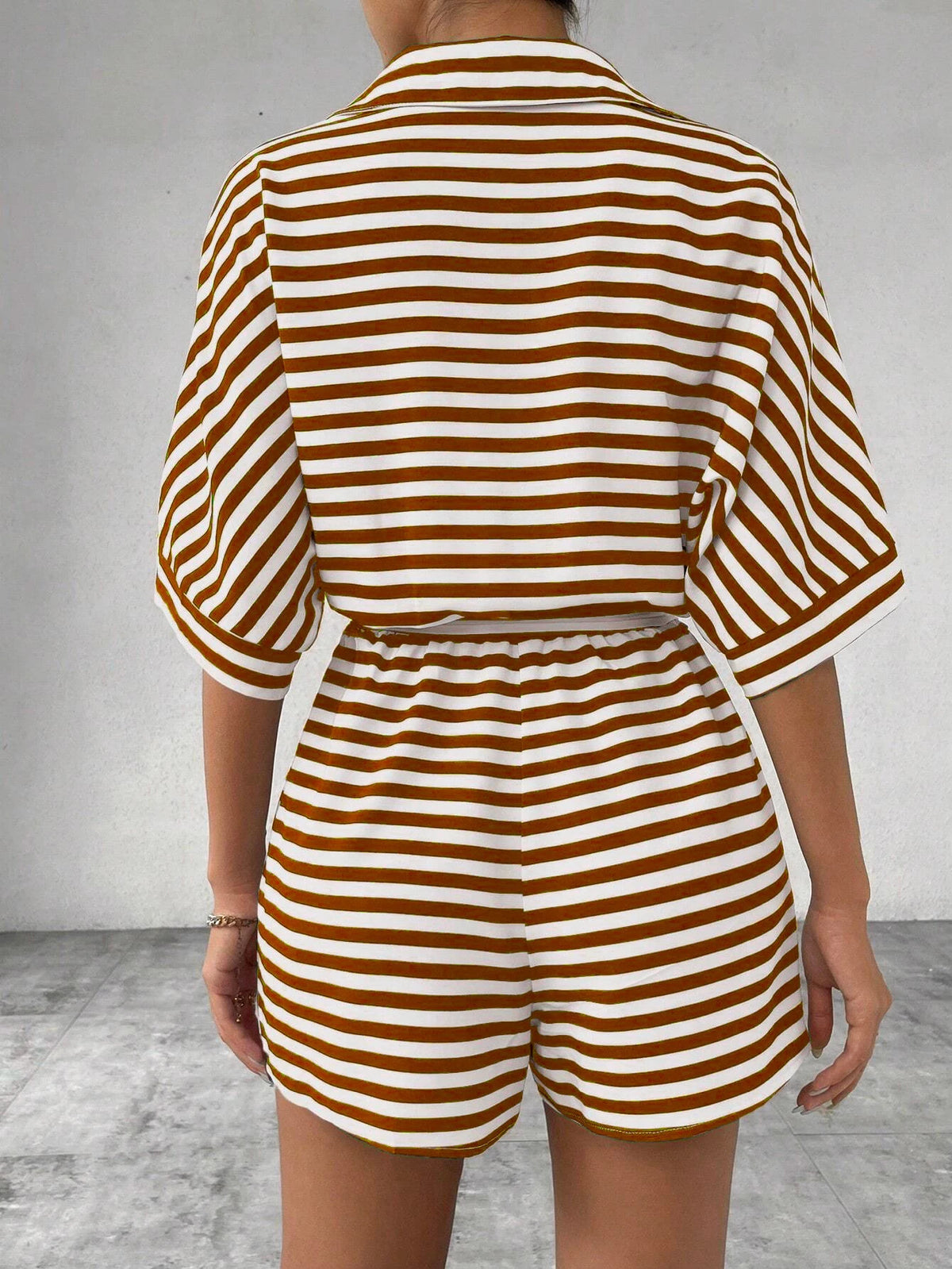 Women One Piece Short Sleeve Striped Overalls Shorts Pants Elastic Waist Turn Down Collar Rompers