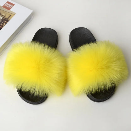 Women's Summer Faux Fur Fox Fur Slippers Fashion Luxury Indoor and Outdoor Non-Slip Solid Color Flat Bottom Furry Sandals