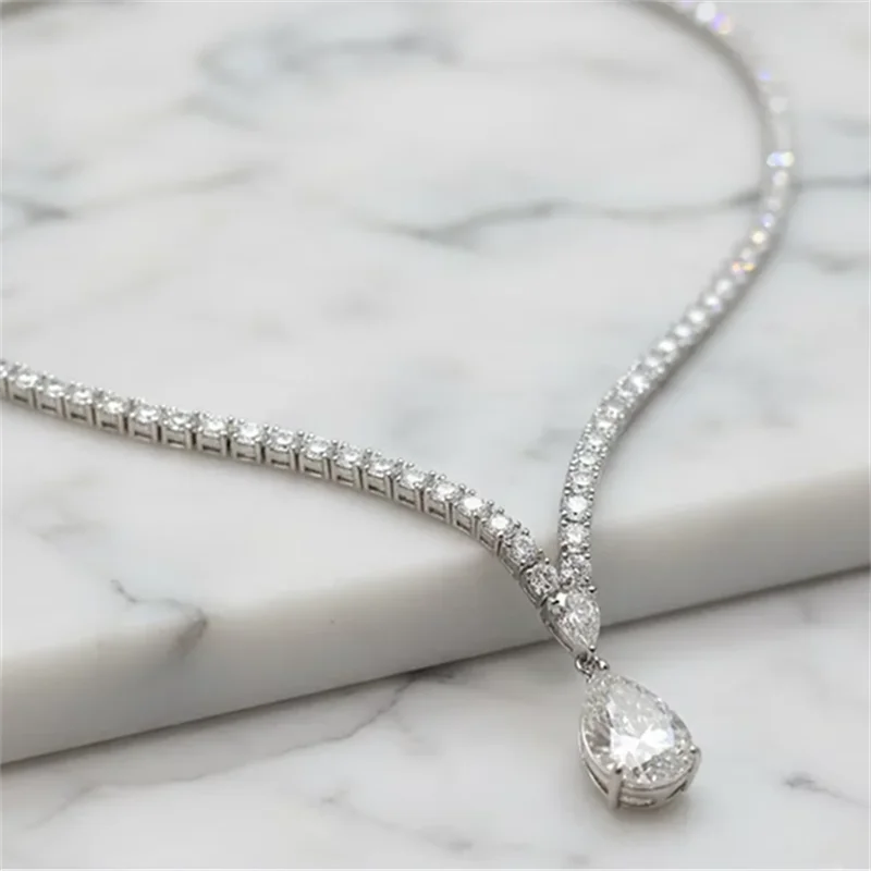 6Carat Pear Cut Full Moissanite Tennis Necklace for Women V-shape 3mm Round Cut Diamond S925 Silver WaterDrop Riviera Necklaces