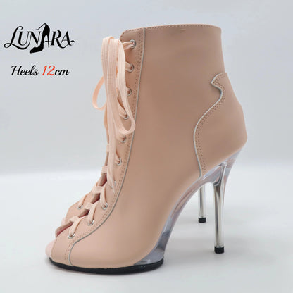 12cm/5Inch Plus size Beige PU Leather Lace-up Side zipper Peep toe High Stilettos Ankle boot Pole dancing Nightclub Rave Parties