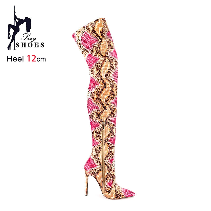 Over The Knee Snake Print Boots Women 12CM Thin High Heel Winter Shoes Plus Size 45 46 47 Stiletto Pointed Thigh Boots For Woman