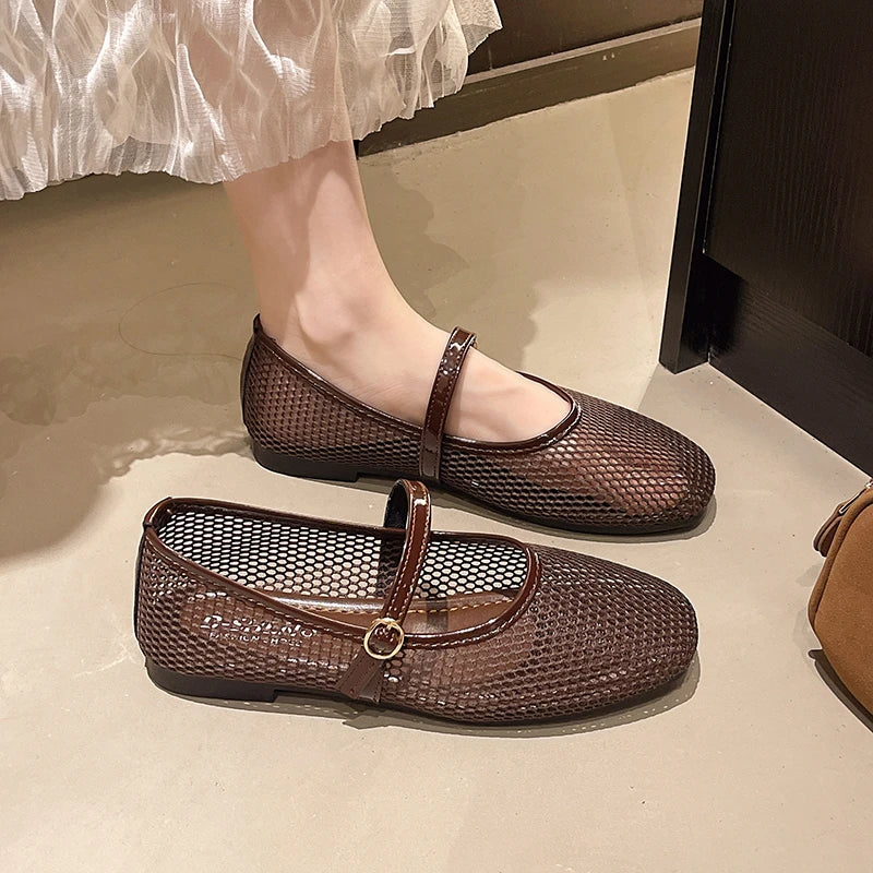Women Luxury Sandals Flats Shallow Beach Comfort Retro Female Mary Jane Fishing Net Ballet Shoes Women's Soft Bottom Flat Hollow
