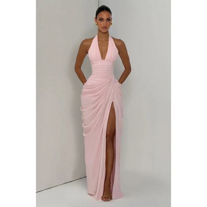 Sexy Solid Pleated Halter Dress Women Fashion Sleeveless Backless Waist-cinching Split Maxi Dresses 2026 Summer Lady Party Gowns
