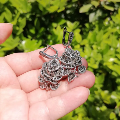 Ajojewel Black Rhinestone Rose Flower Necklace Ring And Earring Set For Women Vintage Jewelry Nice Gifts For Girlfriend