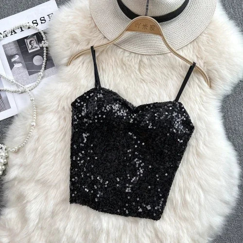 Sexy Sequin Party spaghetti Croset Bustier backless Slim Tanks and Camis Strap Glitter Crop Top Fashion Summer Women Clothes Y2k