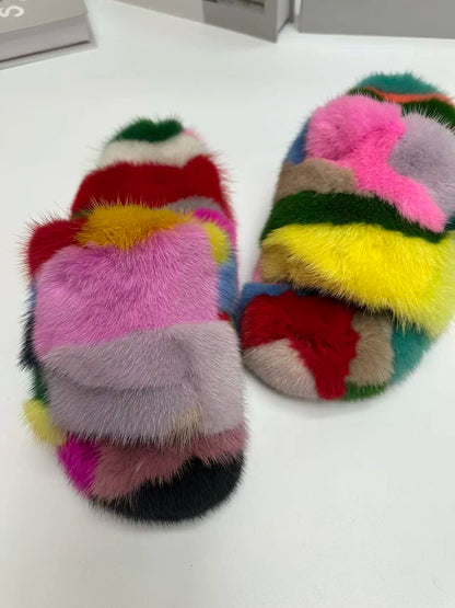 Winter Women'S Slippers Home Plush Woman Shoes Indoor Mink Fur Patchwork Color Slippers Irregular Random Seven Color Slippers