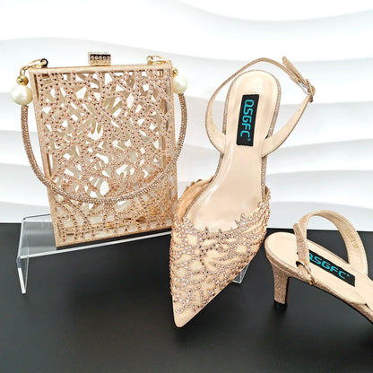 Luxury African Nigerian Bride Party Shoes Sky Blue All Rhinestone Pointed Heels Matching Shoe Bag Set