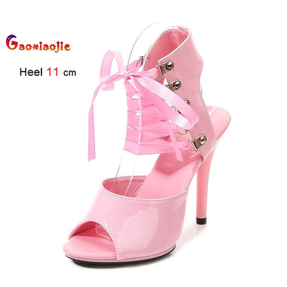 2025 New Sexy Pink High Heels 11cm Women's Shoes Fine Heels Round Head Ladies Pumps Ankle Lace-up Buckle Sandals Nightclub Shoes