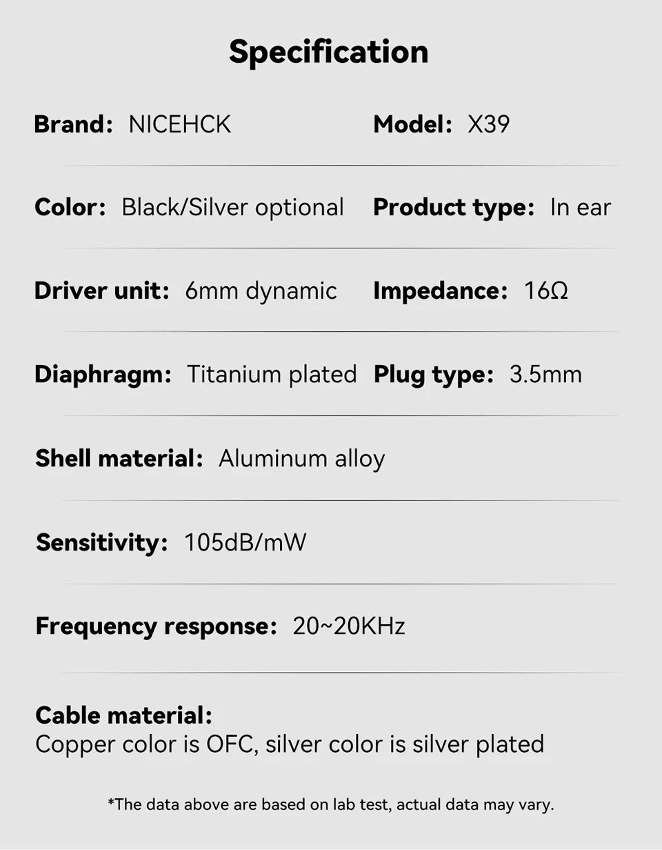 NICEHCK X39 IEM Aluminum Alloy Shell HIFI Microphone Earbud 6mm Titanium Plated Dynamic Headset Bass Vocal DJ In-ear Earphone