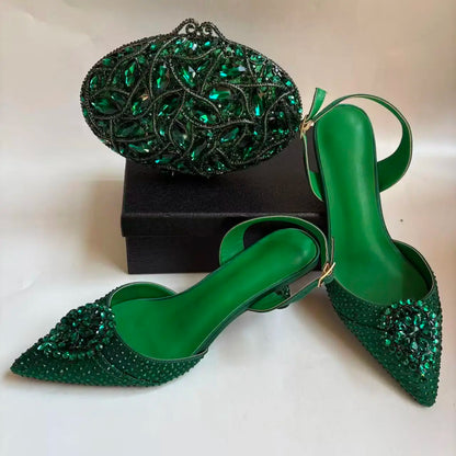 Insightlink Green Crystal High Heel with Bag Set for Bridal Wedding Party Designer Pointed Toe and Clutch Luxury Sandal Handbag