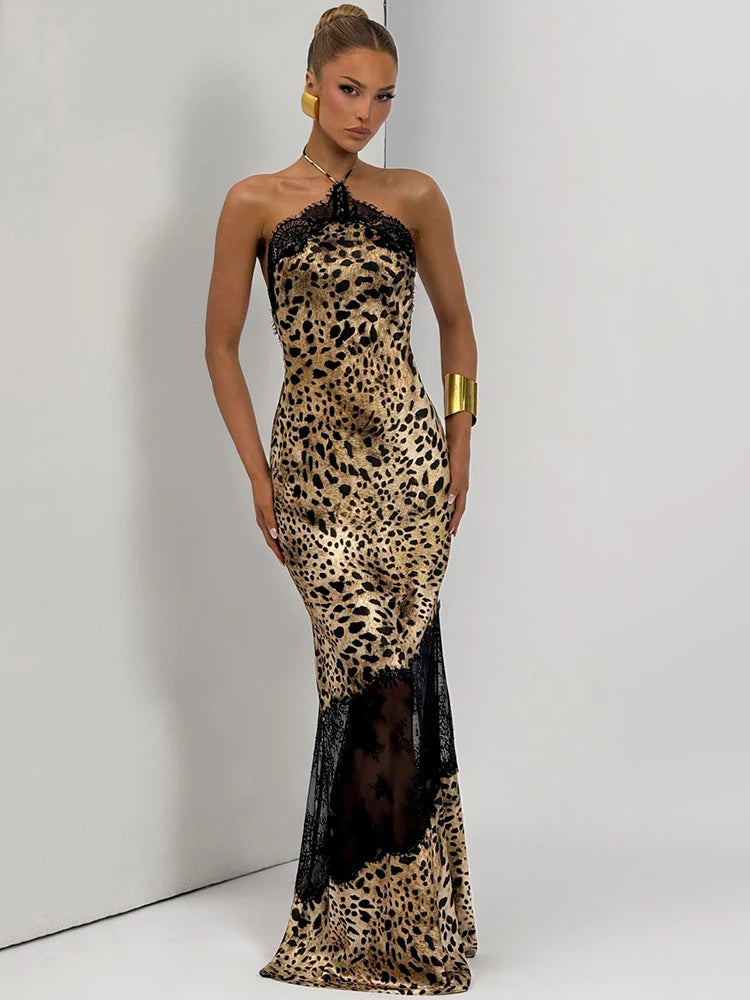 JULISSA MO Leopard Print Patchwork Sheer Lace Halter Women Maxi Dress Backless High Waist Dress Slim Elegant Party Evening Dress