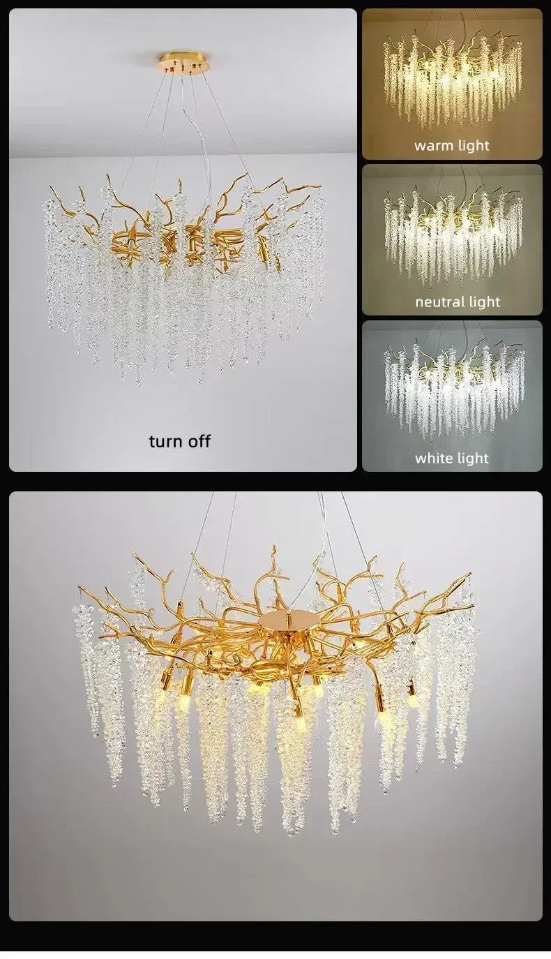 Modern Luxury Gold Branch Tassel Crystal LED Pendant Light Dining Room Living Room Indoor Home Decoration Atmosphere Fixtures