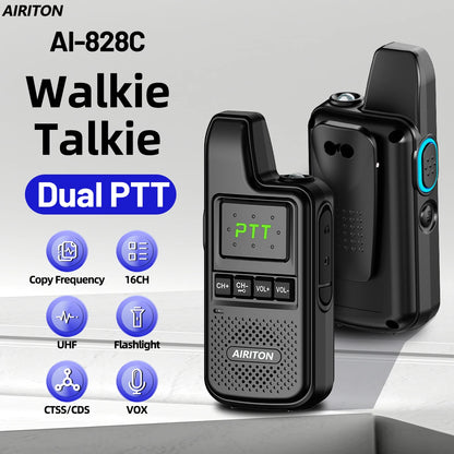 2PCS AIRITON AI-828C Mini Walkie Talkie Dual PTT Wireless Copy Frequency HD Sound Portable UHF 16 Channels Long Range Ham Radio