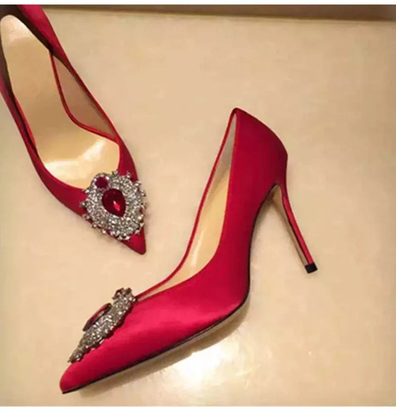 Luxury Diamond Crystal Satin Women Pumps Elegant Pointed toe Stiletto High heels Spring Autumn Fashion Wedding Banquet Shoes