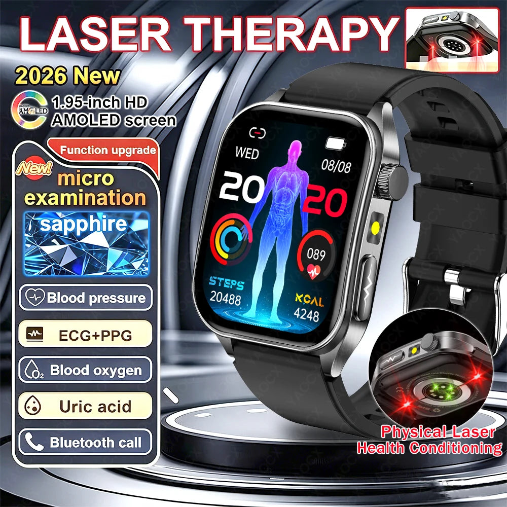 2026 New Health Smart Watch Laser Therapy Reduce Three Highs Blood Oxygen Pressure Uric Acid Blood Lipid ECG Smartwatch For Man