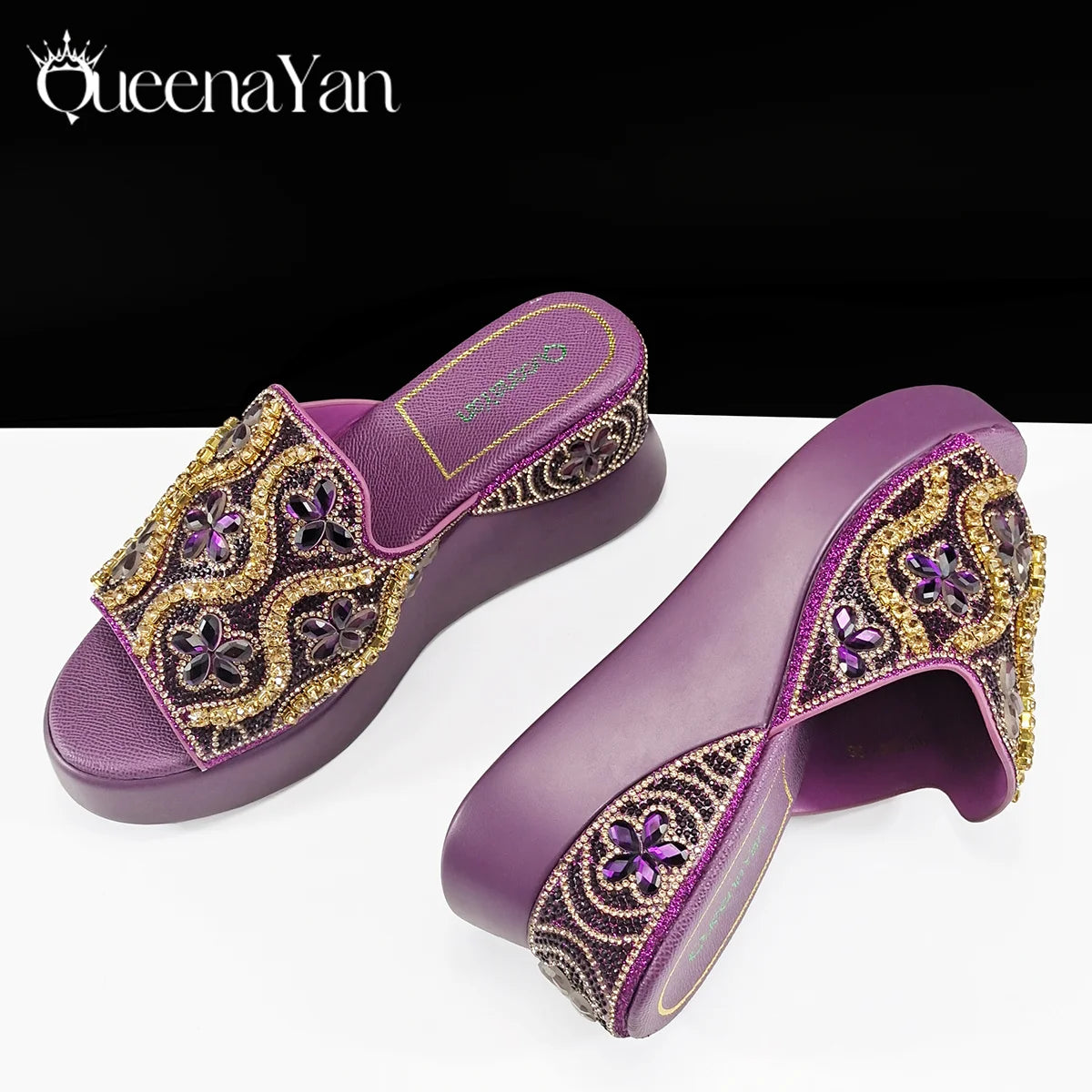 Queena Yan Popularity Open Toe Luxury Fashion Women High Heels Shoes and Bags Set With Rhinestone for Wedding Party Elegant