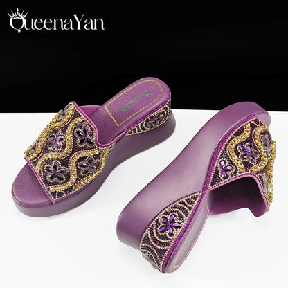 Queena Yan Popularity Open Toe Luxury Fashion Women High Heels Shoes and Bags Set With Rhinestone for Wedding Party Elegant