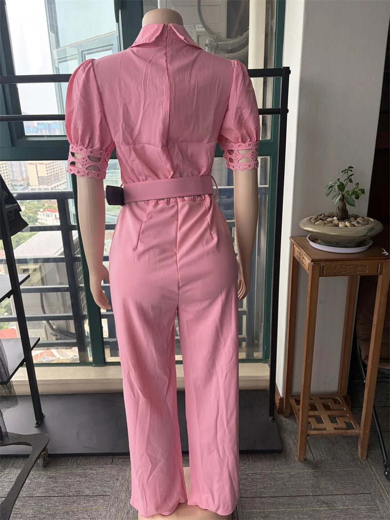 Doyerl Elegant Vintage Hollow Out Rompers Women Jumpsuit Party Club High Waist One Piece Wide Leg Overalls with Belt Combinaison