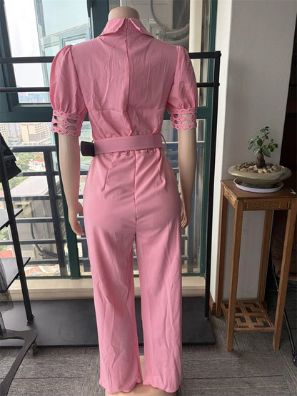 Doyerl Elegant Vintage Hollow Out Rompers Women Jumpsuit Party Club High Waist One Piece Wide Leg Overalls with Belt Combinaison