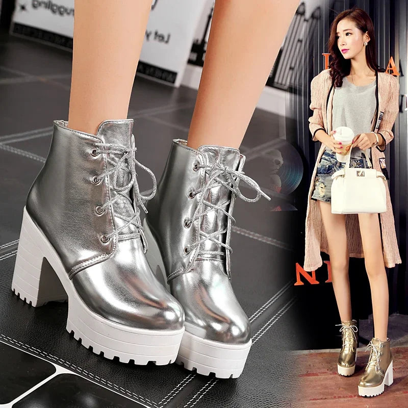 British Silver Gold Ankle Boots Women High Chunky Heels Dress Lady Round Toe Lace-up Spring Autumn Vintage Platform Short Boots