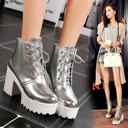 British Silver Gold Ankle Boots Women High Chunky Heels Dress Lady Round Toe Lace-up Spring Autumn Vintage Platform Short Boots