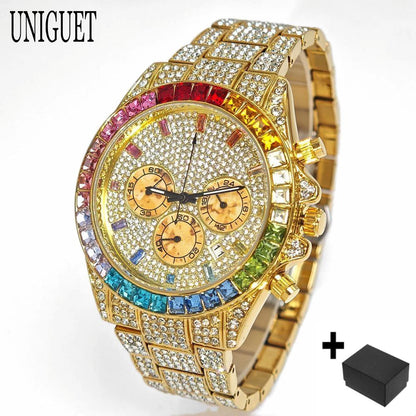 Hot Sell Fashion Gold Watch For Men Brand UNIGUET Hip Hop Rainbow Diamond Shiny Jewelry Quartz Wristwatch Male Dropshipping