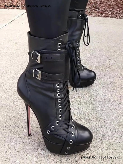 Black Platform Stiletto Ankle Boots Round Toe Thin Heels Cross-tied Plus Size Shoes Women's Spring Autumn Fashion Zipper Booties