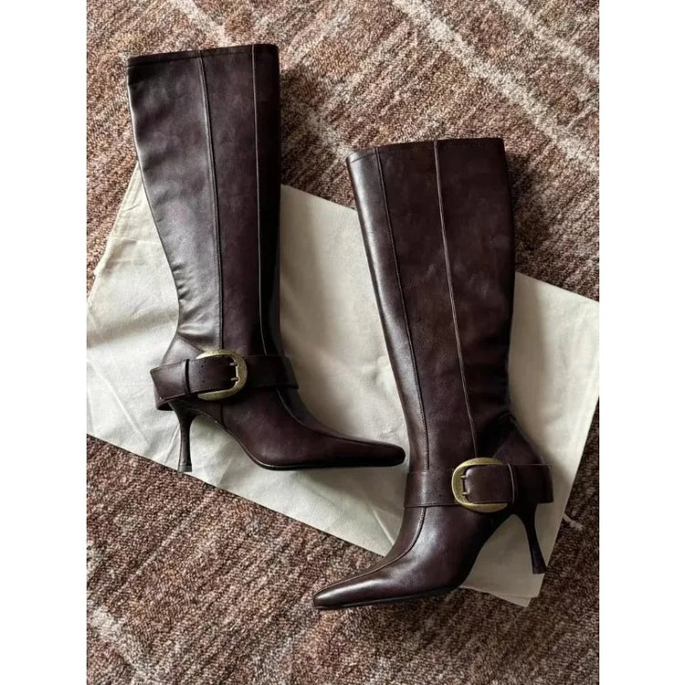Winter Fashion Sexy Soft Leather Knee High Boots Women Metal Belt Buckle Ladies Zip Pointed Toe Designer Heels Long Shoes