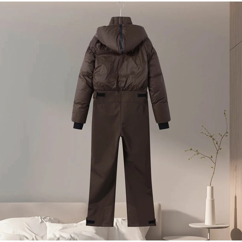 Detachable Hooded Ski Suit Jumpsuit Woman Zipper Color Blocked Long Sleeve Slim Warm Jumpsuits Sports Casual Women's Ski Suits