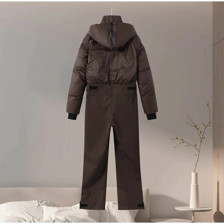 Detachable Hooded Ski Suit Jumpsuit Woman Zipper Color Blocked Long Sleeve Slim Warm Jumpsuits Sports Casual Women's Ski Suits