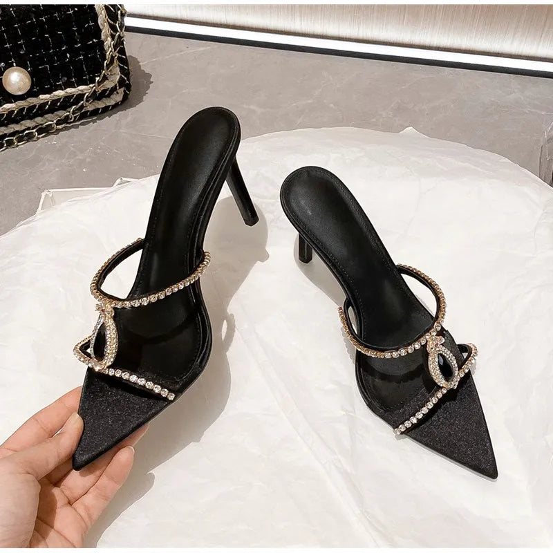 Luxury Rhinestones Gem Narrow band Women Slipper Sandals Elegant Pointed toe Thin High heels Mules Slides Fashion Party Shoes