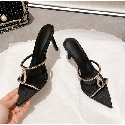 Luxury Rhinestones Gem Narrow band Women Slipper Sandals Elegant Pointed toe Thin High heels Mules Slides Fashion Party Shoes