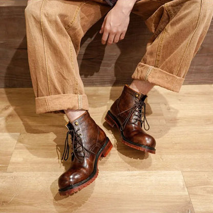 Fashion Men's Genuine Leather Motorcycle Boots British Brogue Shoes High-top Round Toe Mid-calf Chelsea Western Riding Boots