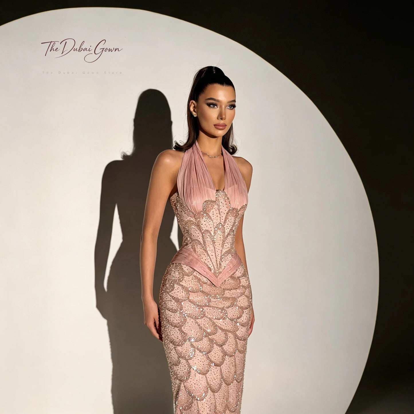 Elegant Pink Halter Neck Strapless Sleeveless Floor Length Mermaid Formal Gown Featuring Sequin and Bead Embellishments