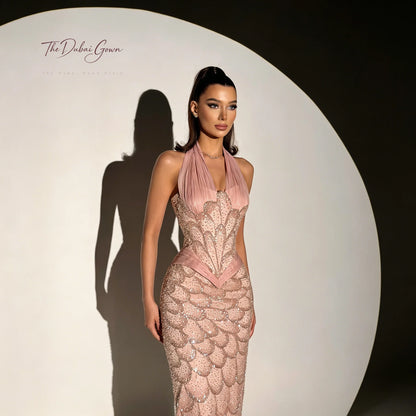 Elegant Pink Halter Neck Strapless Sleeveless Floor Length Mermaid Formal Gown Featuring Sequin and Bead Embellishments
