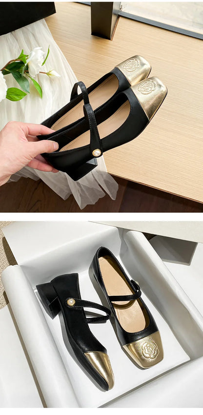 Fashion Mary Jane Women's Shoes 3cm Wide Heel Pumps Embroidered Flowers Pearl Buckle Strap Mary Jane Shoes Luxury Leather Heels
