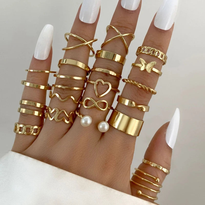 Boho Gold Color Rings Set For Women Fashion Cubic Zircon Heart Star Moon Flower Finger Rings Female Simple Trendy Jewelry Gifts