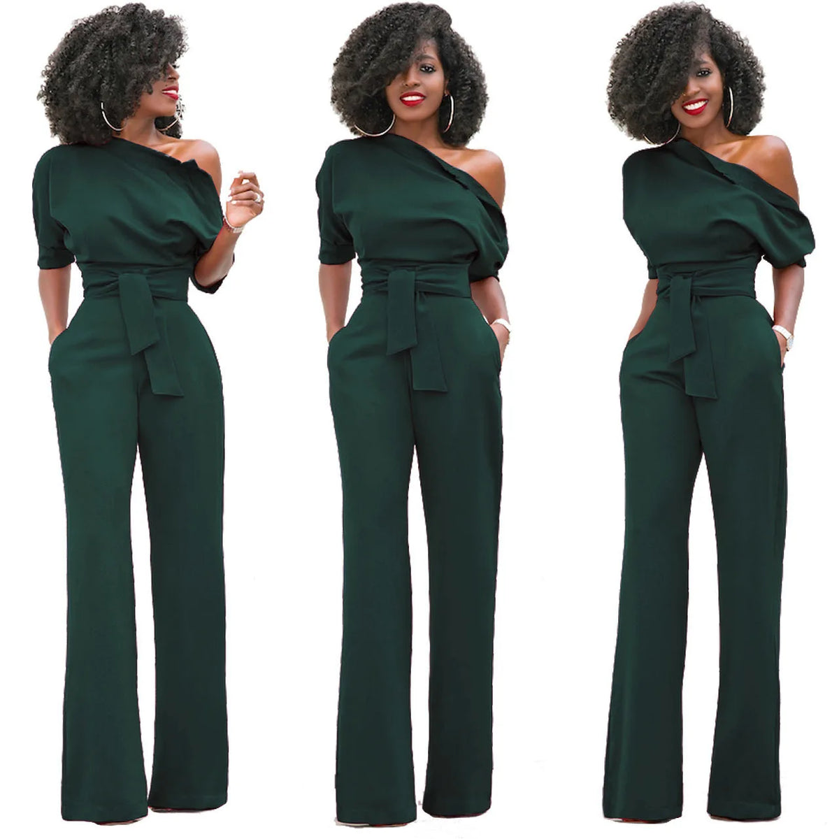 High Quality 2025 Spring Women's Casual Jumpsuits One Shoulder Slash Neck Button Romper Full Length Jumpsuit Wide Legs Jumpsuit