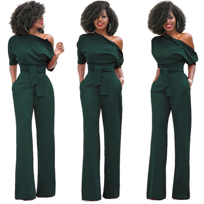 High Quality 2025 Spring Women's Casual Jumpsuits One Shoulder Slash Neck Button Romper Full Length Jumpsuit Wide Legs Jumpsuit