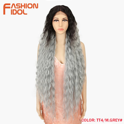 FASHION IDOL 42inch/105cm Super Long Lace Front Wigs Water Wavy Curly Hair Synthetic Wigs For Women Ombre Blonde Wigs Cosplay