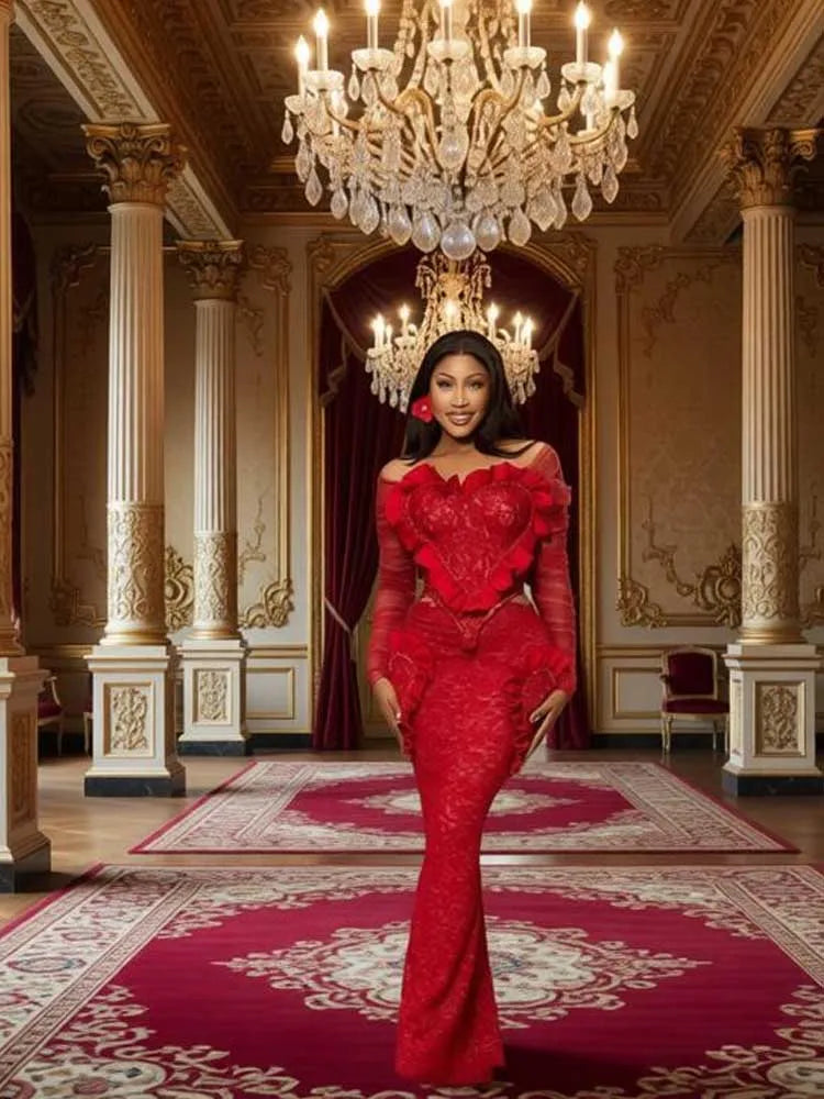 Elegant Women's Red Lace Dress Set Spring Off Shoulder Ruffled Design Long Sleeve Gown Sexy Bodycon Skirt and Top Set Two Pieces