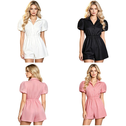 Fashion Women Short Puff Sleeve Romper Lapel Front Button Elastic Waist Shorts Jumpsuit for Office Vacation Casual Clothing